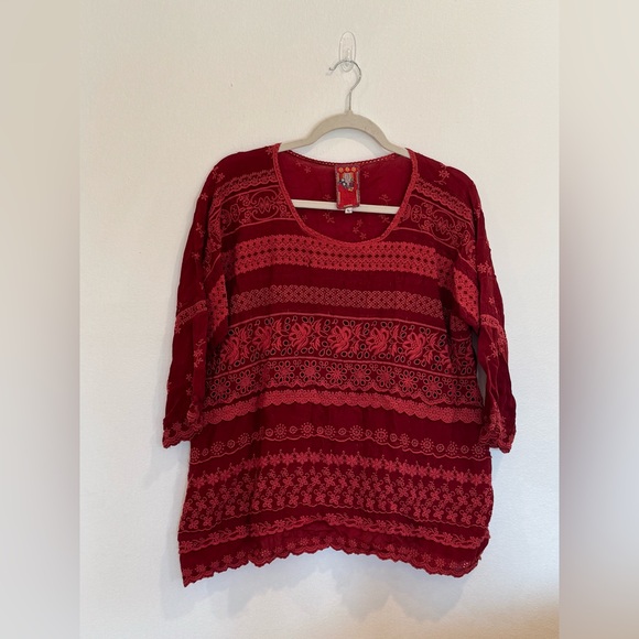Johnny Was red wine burgundy Oxblood lace embroidered tunic top blouse. - Picture 6 of 6